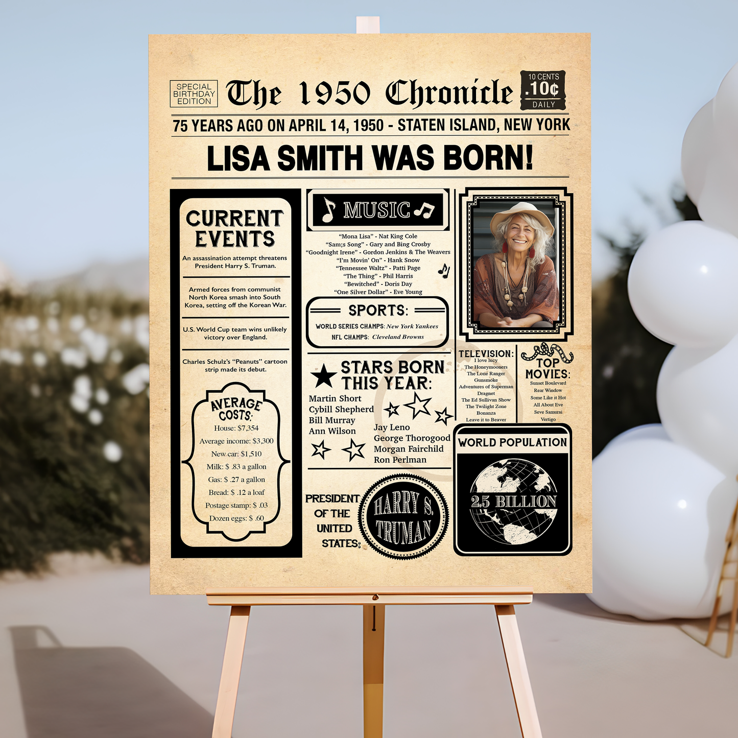 75th Newspaper Birthday Sign With Photo, 75th Birthday Poster, Born in 1950