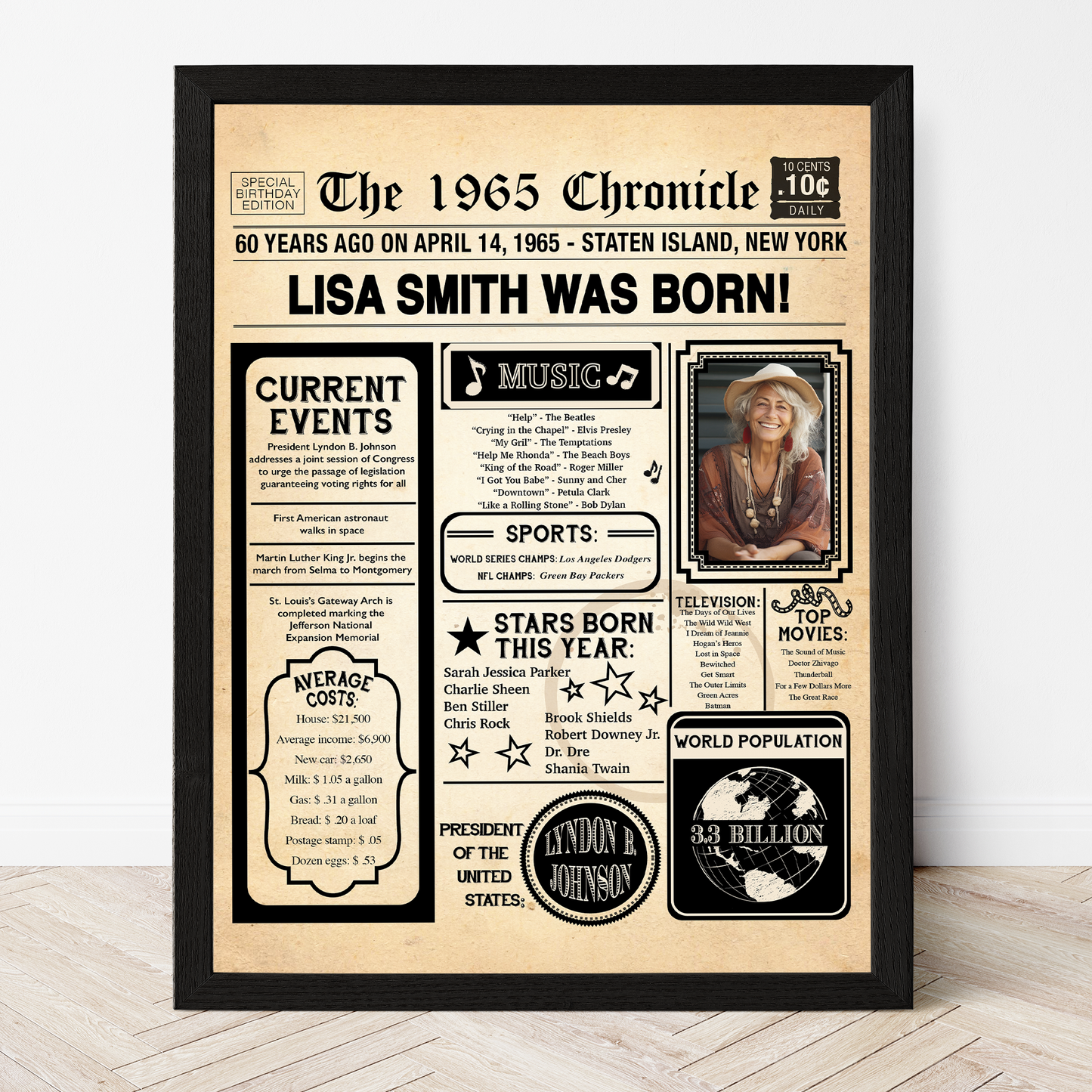 60th Newspaper Birthday Sign With Photo, 60th Birthday Poster, Born in 1965