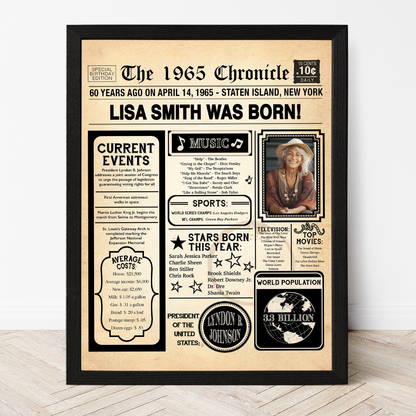 60th Newspaper Birthday Sign With Photo, 60th Birthday Poster, Born in 1965