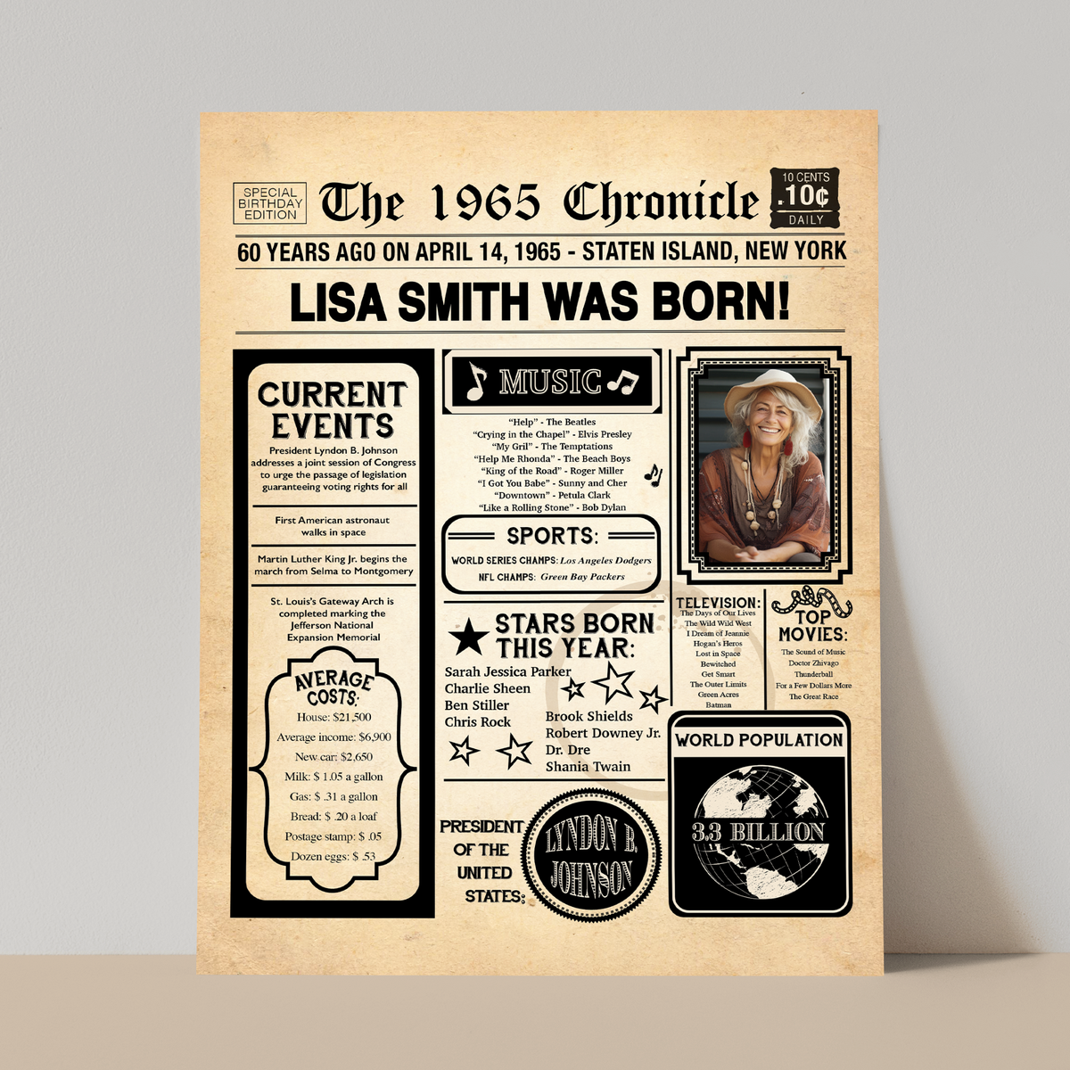 60th Newspaper Birthday Sign With Photo, 60th Birthday Poster, Born in 1965