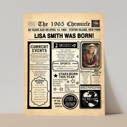 60th Newspaper Birthday Sign With Photo, 60th Birthday Poster, Born in 1965