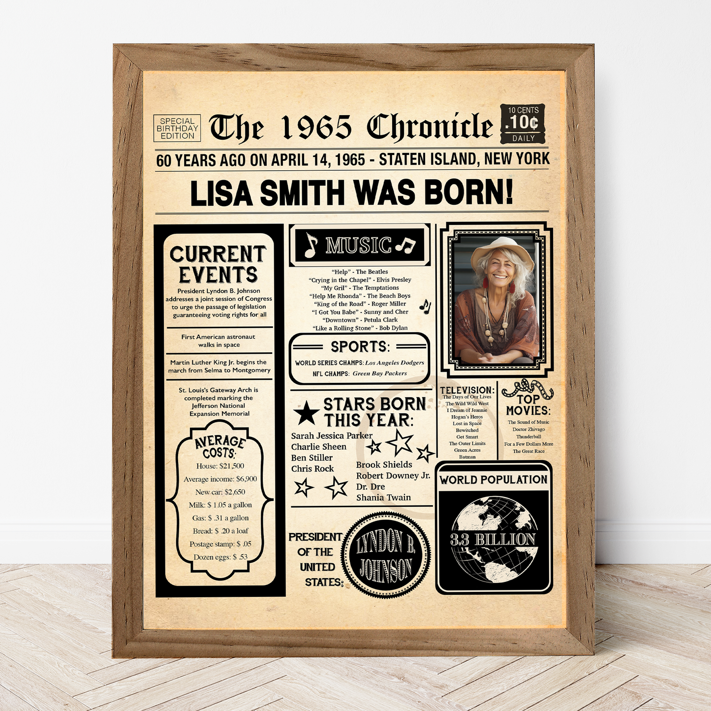 60th Newspaper Birthday Sign With Photo, 60th Birthday Poster, Born in 1965