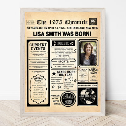 50th Newspaper Birthday Sign With Photo, 50th Birthday Poster, Born in 1975