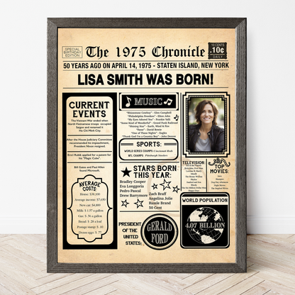 50th Newspaper Birthday Sign With Photo, 50th Birthday Poster, Born in 1975