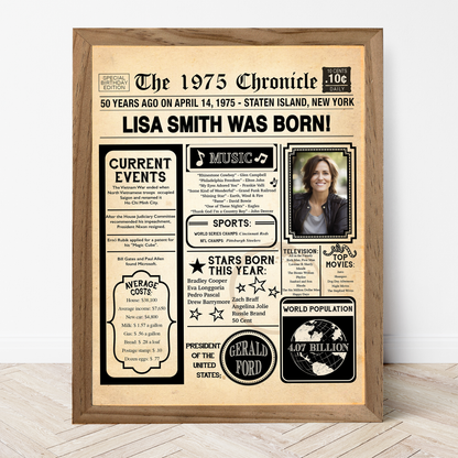 50th Newspaper Birthday Sign With Photo, 50th Birthday Poster, Born in 1975