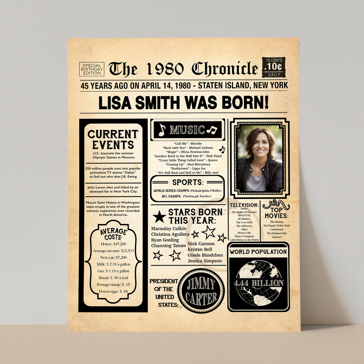 45th Newspaper Birthday Sign With Photo, 45th Birthday Poster, Born in 1980