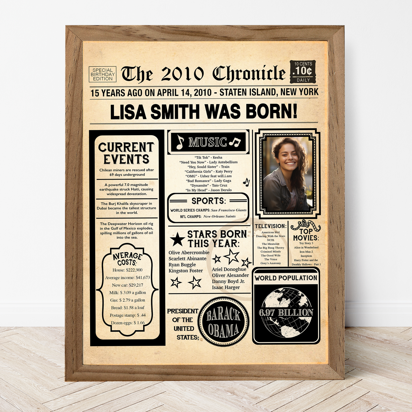 15th Newspaper Birthday Sign With Photo, 15th Birthday Poster, Born in 2010