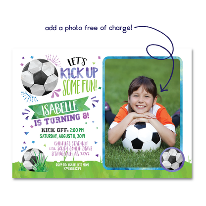 Girls Soccer Themed Birthday Invitation - Kids Soccer Birthday Party Invite