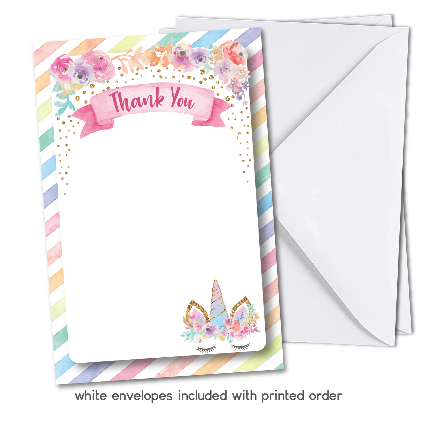 Unicorn Birthday Thank You Cards w/ Free Envelopes
