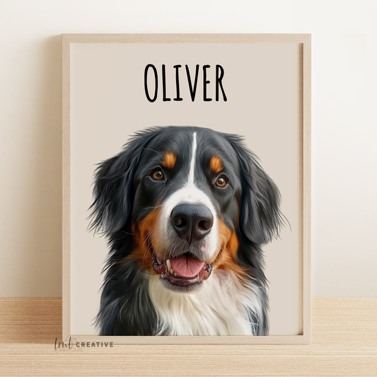 Custom dog portrait from photo in watercolor style, framed pet portrait gift