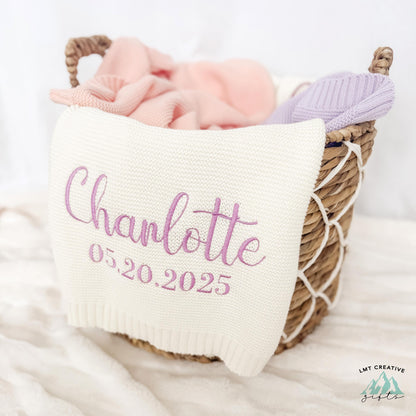 Custom Embroidered Baby Blanket – With Birthday, Monogrammed Newborn Baby Gift, Gift for Baby Shower, Newborn Baby Gift, Newborn Gift