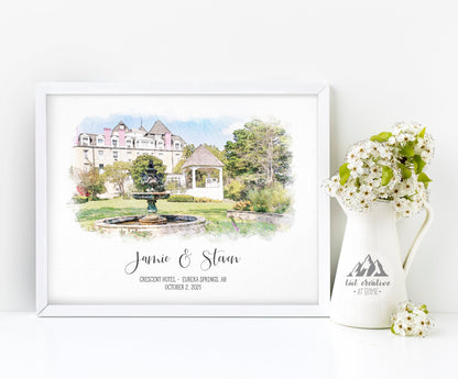 Custom Wedding Venue Portrait, Wedding Gift, Housewarming Gift, Couple Gift, Watercolor Wedding Venue, Digitally Mastered Watercolor effect