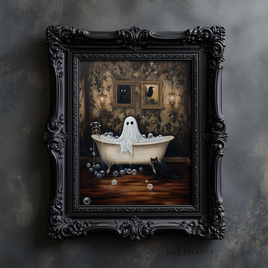 Vintage Ghost in Bathtub Halloween Art | Spooky Black Cat and Ghost Decor | Instant Download PRINTABLE Wall Art for Halloween