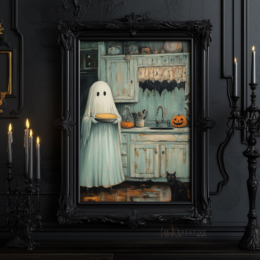 Vintage Ghost in Kitchen Halloween Art Print | Spooky Black Cat and Pumpkin Décor | Halloween Kitchen Wall Art for Home Décor