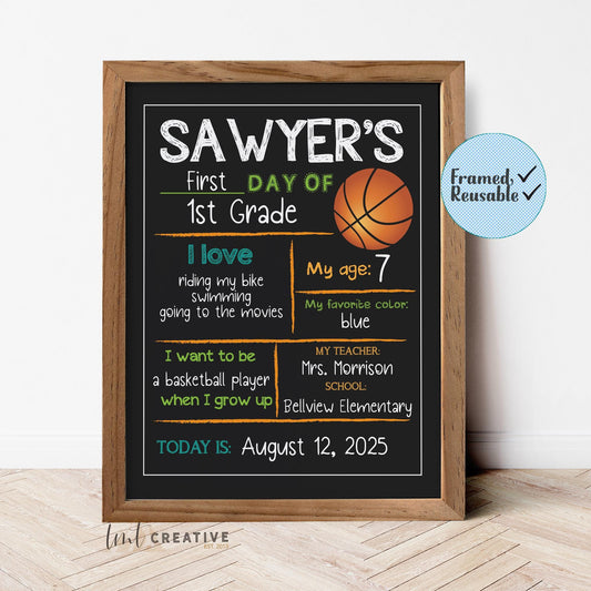 First Day Of School Sign, Personalized Back to School Sign, Custom First Day Of School,  First Day of Kindergarten, Basketball
