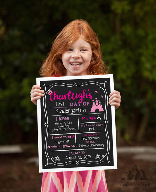 First Day Of School Sign, Personalized Back to School Sign, Custom First Day Of School,  First Day of Kindergarten, Princess, Last Day