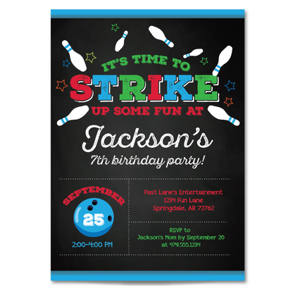Boys Bowling Birthday Invitation - Bowling Party Invite