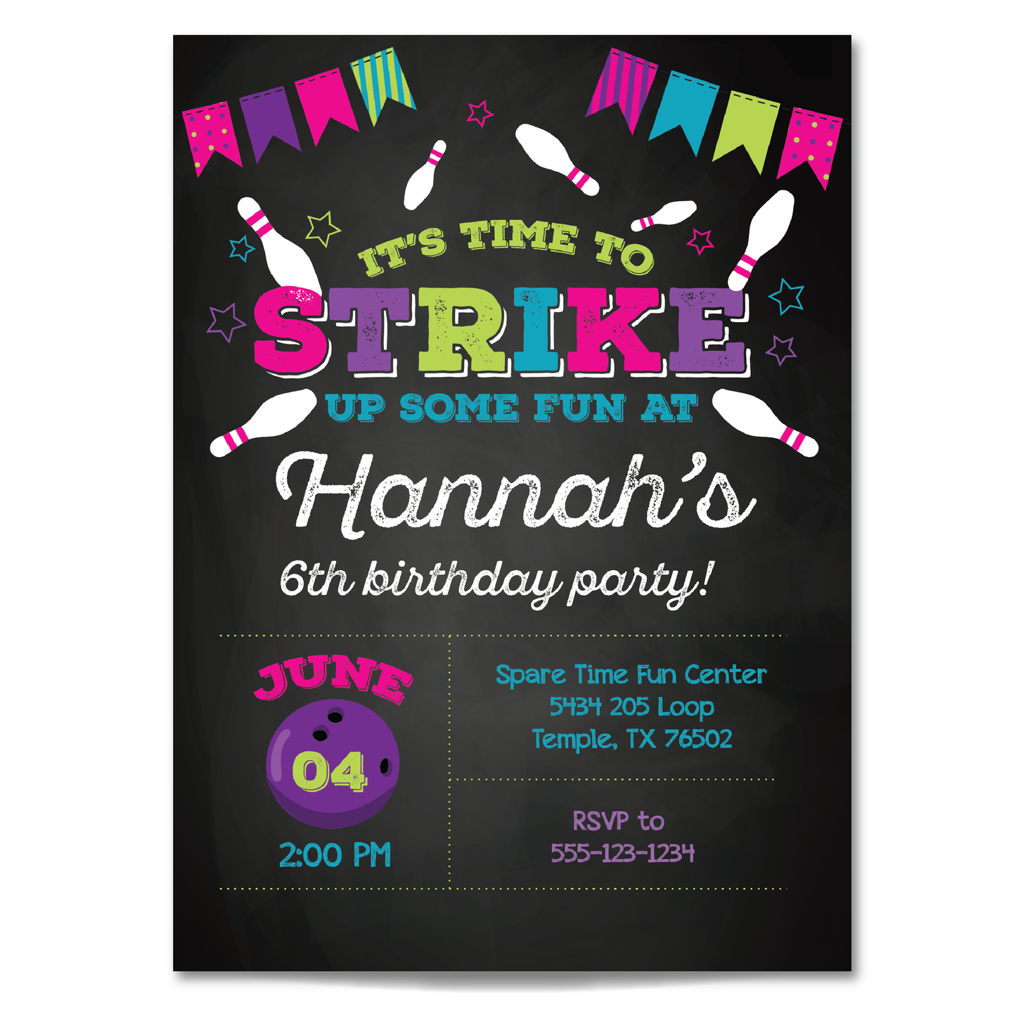 Girls Bowling Birthday Invitation - Bowling Party Invite