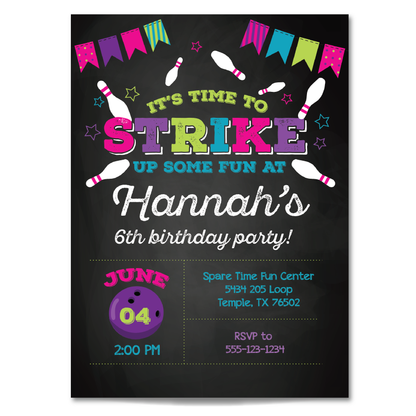 Girls Bowling Birthday Invitation - Bowling Party Invite