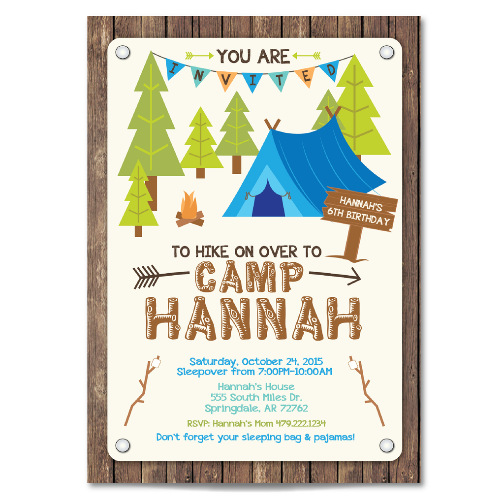 Camping Birthday Invitation - Camp Out Party - Camping Birthday Party Invite w/ Blue Tent
