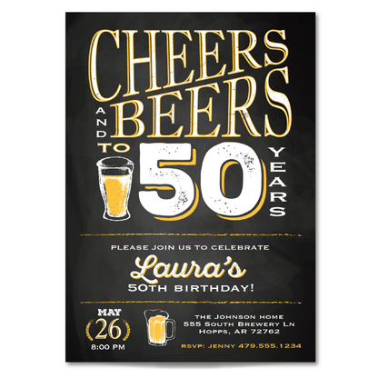 Cheers and Beers to 50 Years Birthday Invitation - 50th Birthday Party Invitation