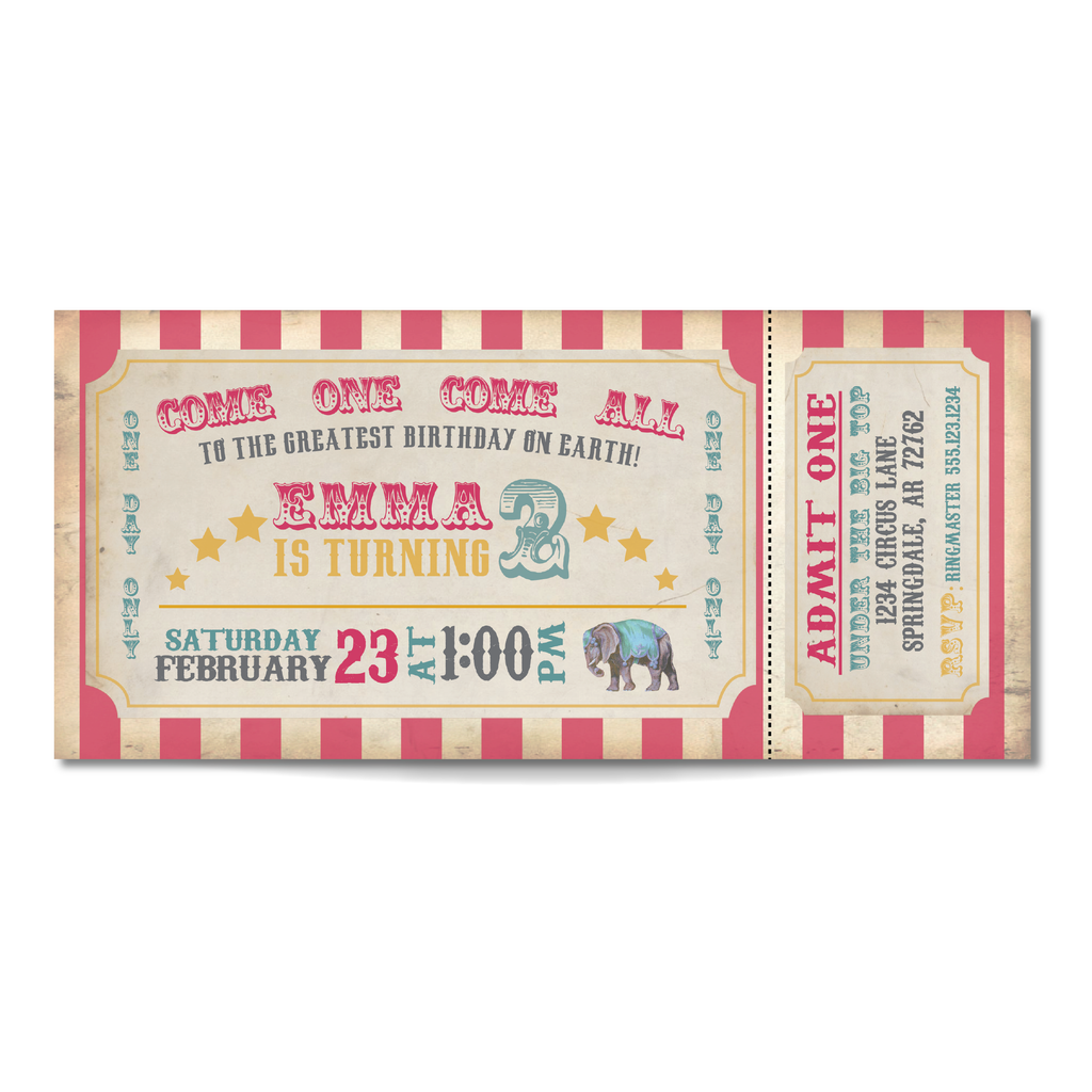 Vintage Circus Ticket Birthday Invitation in Pink - Circus Birthday Party Girls Invite
