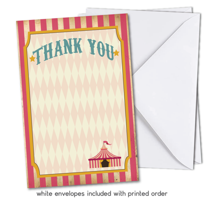 Vintage Circus Thank You Cards - Pink - w/ Free Envelopes