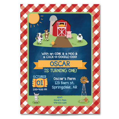 Kids Farm Themed Birthday Invitation - On the Farm w/ Barn & Farm Animals Party Invite