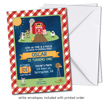 Kids Farm Themed Birthday Invitation - On the Farm w/ Barn & Farm Animals Party Invite