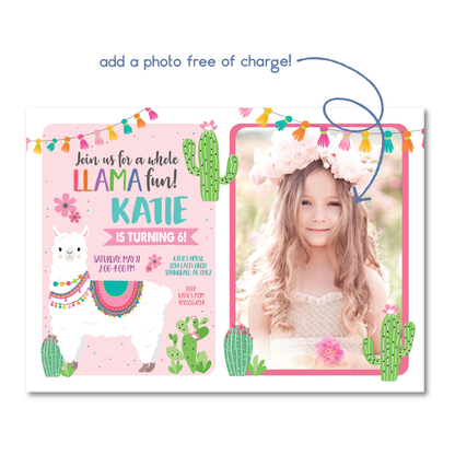 Whole Llama Fun Birthday Invitation - Llama Party Invite w/ Photo Customization