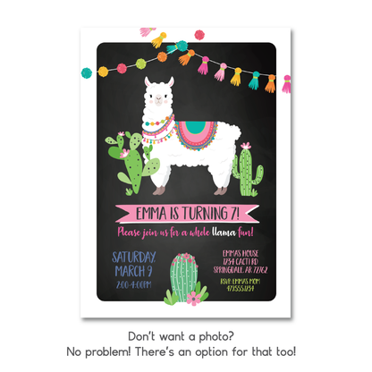 Whole Llama Fun Birthday Invitation - Llama Party Invite w/ Black Background & Photo Customization