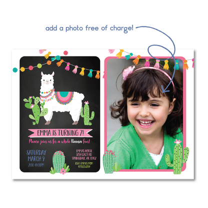 Whole Llama Fun Birthday Invitation - Llama Party Invite w/ Black Background & Photo Customization
