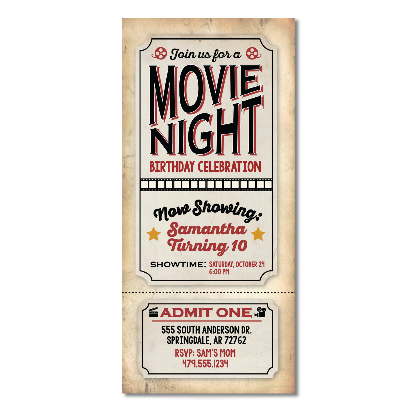 Movie Night Ticket Birthday Invitation - Vintage Movie Night Birthday Party Invite