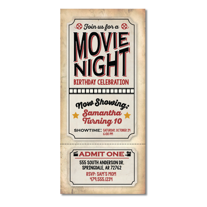 Movie Night Ticket Birthday Invitation - Vintage Movie Night Birthday Party Invite