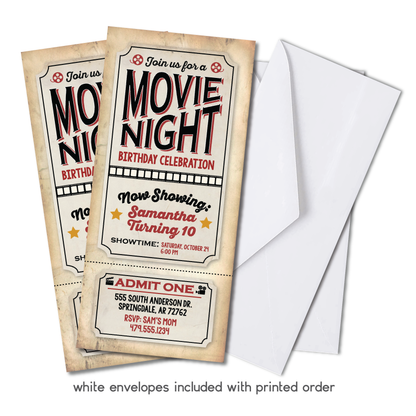 Movie Night Ticket Birthday Invitation - Vintage Movie Night Birthday Party Invite