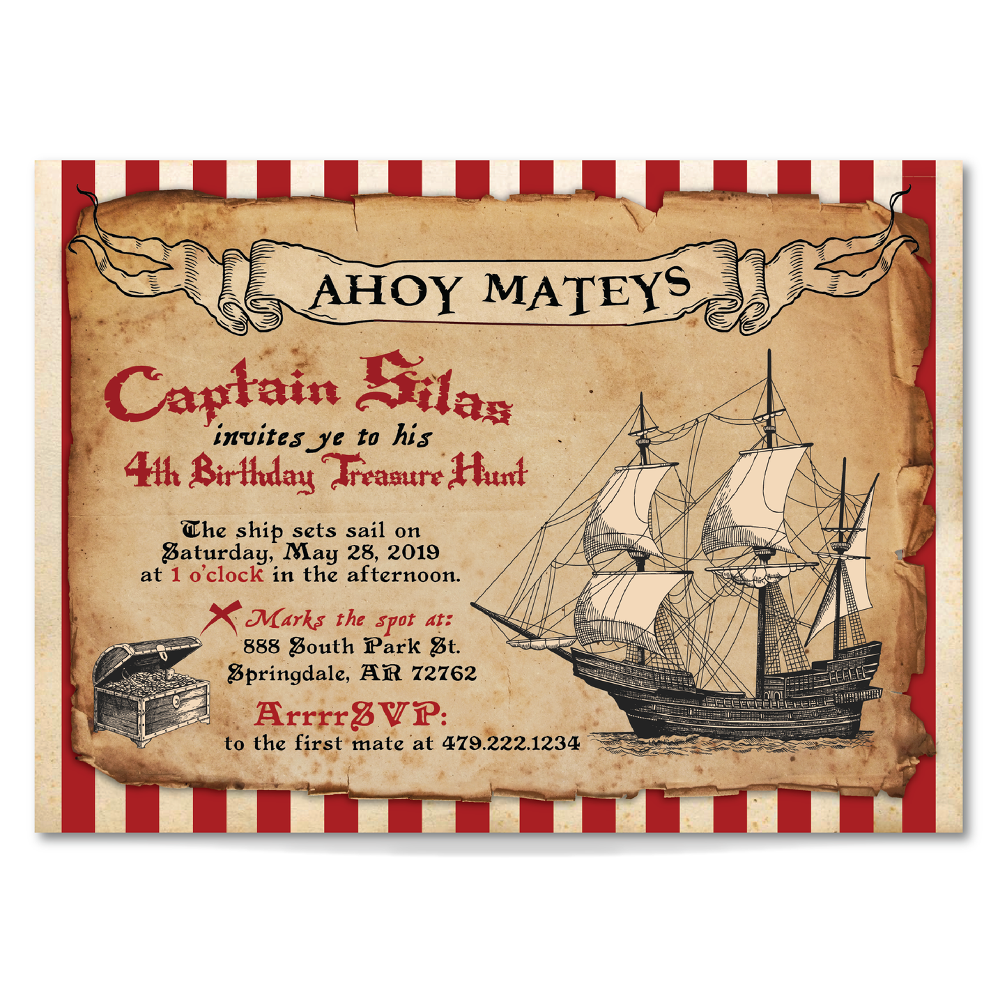 Pirate Birthday Invitation - Kids Vintage Pirate Ship Party Invite