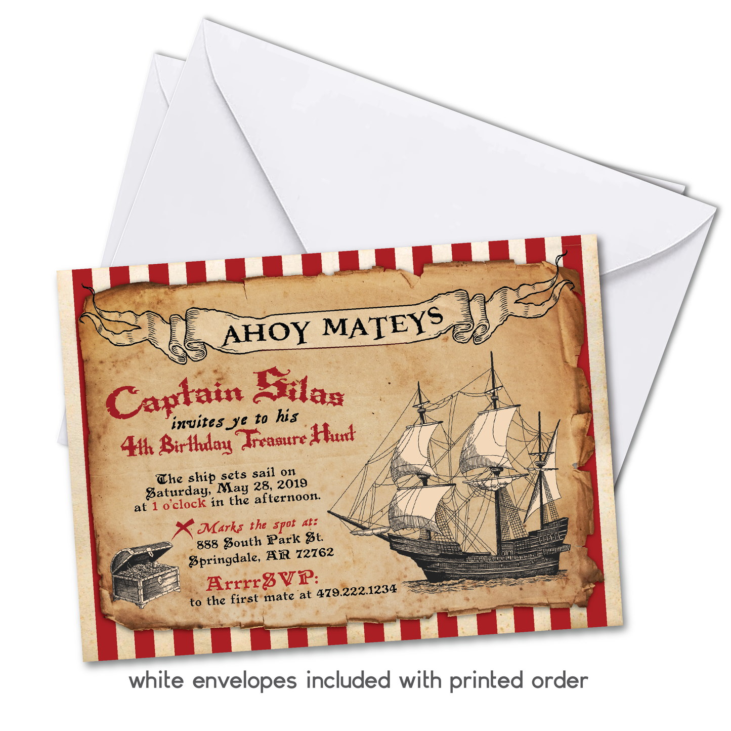 Pirate Birthday Invitation - Kids Vintage Pirate Ship Party Invite