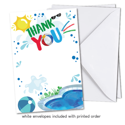 Boys Pool Party Thank You Cards w/ Free Envelopes