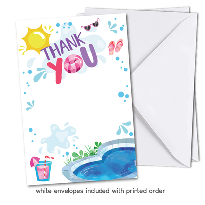 Girls Pool Party Thank You Cards w/ Free Envelopes
