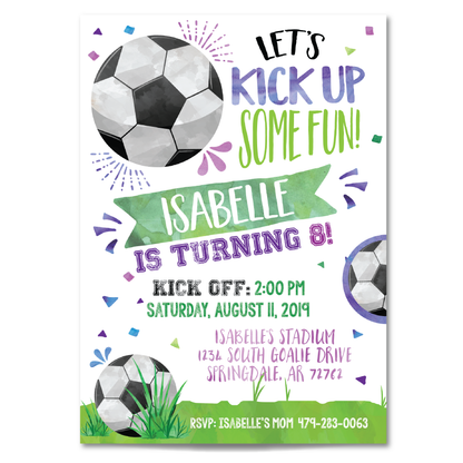 Girls Soccer Themed Birthday Invitation - Kids Soccer Birthday Party Invite