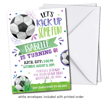 Girls Soccer Themed Birthday Invitation - Kids Soccer Birthday Party Invite