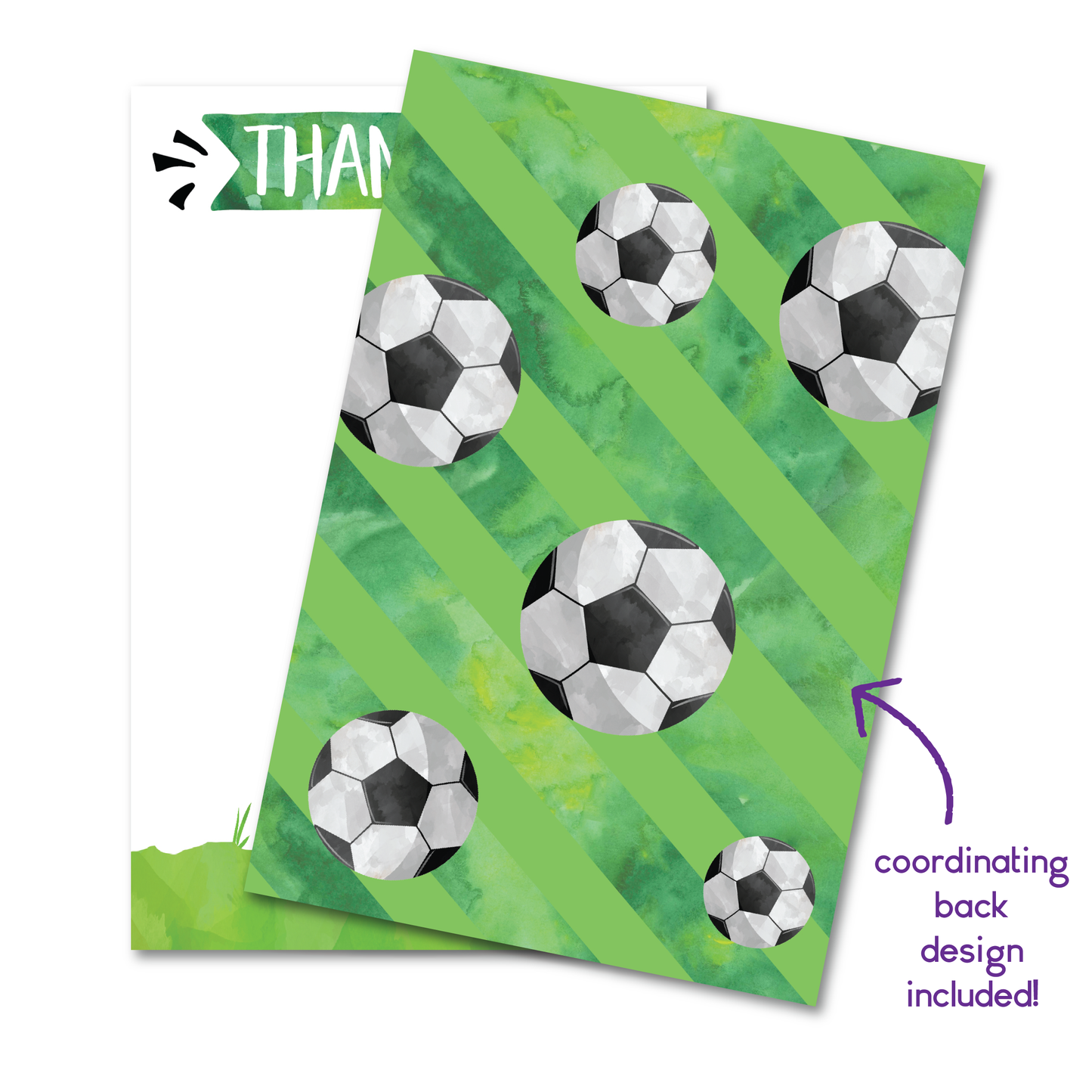 Soccer Birthday Thank You Cards - Green - w/ Free Envelopes