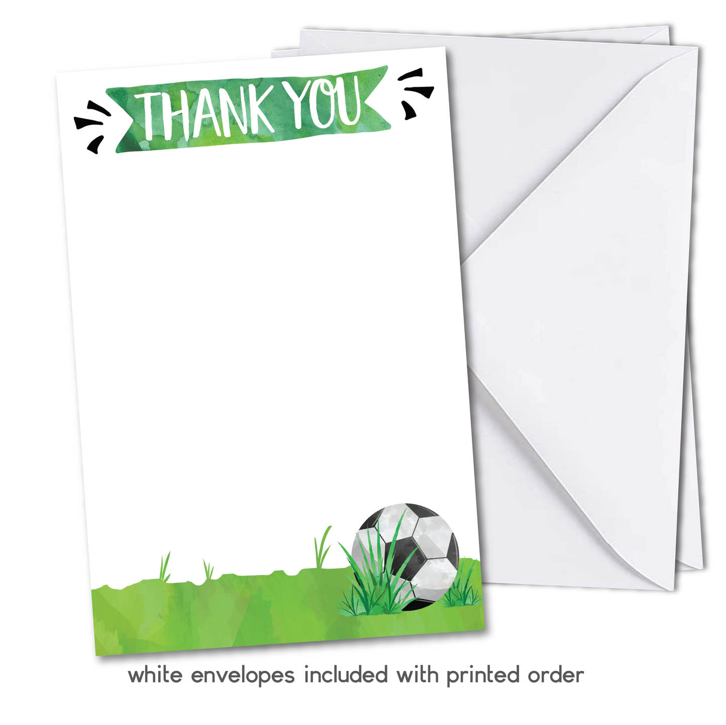 Soccer Birthday Thank You Cards - Green - w/ Free Envelopes
