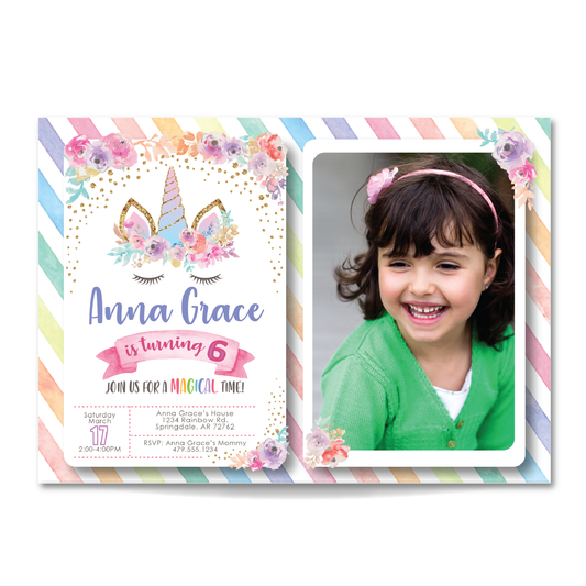 Kids Unicorn Birthday Invitation - Girls Unicorn Themed Party Invite w/ Photo Customization