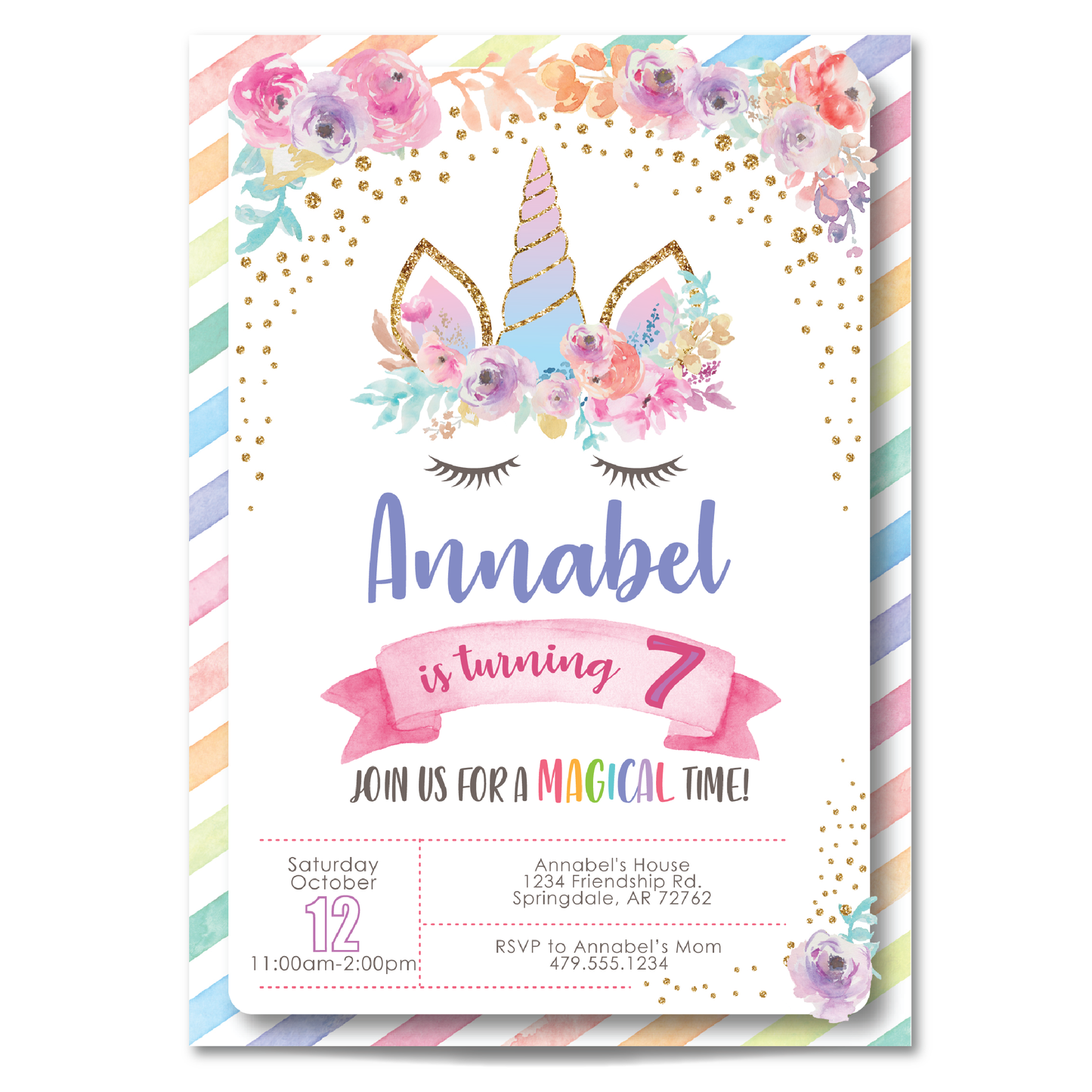 Kids Unicorn Birthday Invitation - Girls Unicorn Themed Party Invite