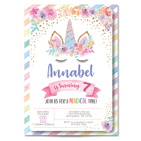 Kids Unicorn Birthday Invitation - Girls Unicorn Themed Party Invite
