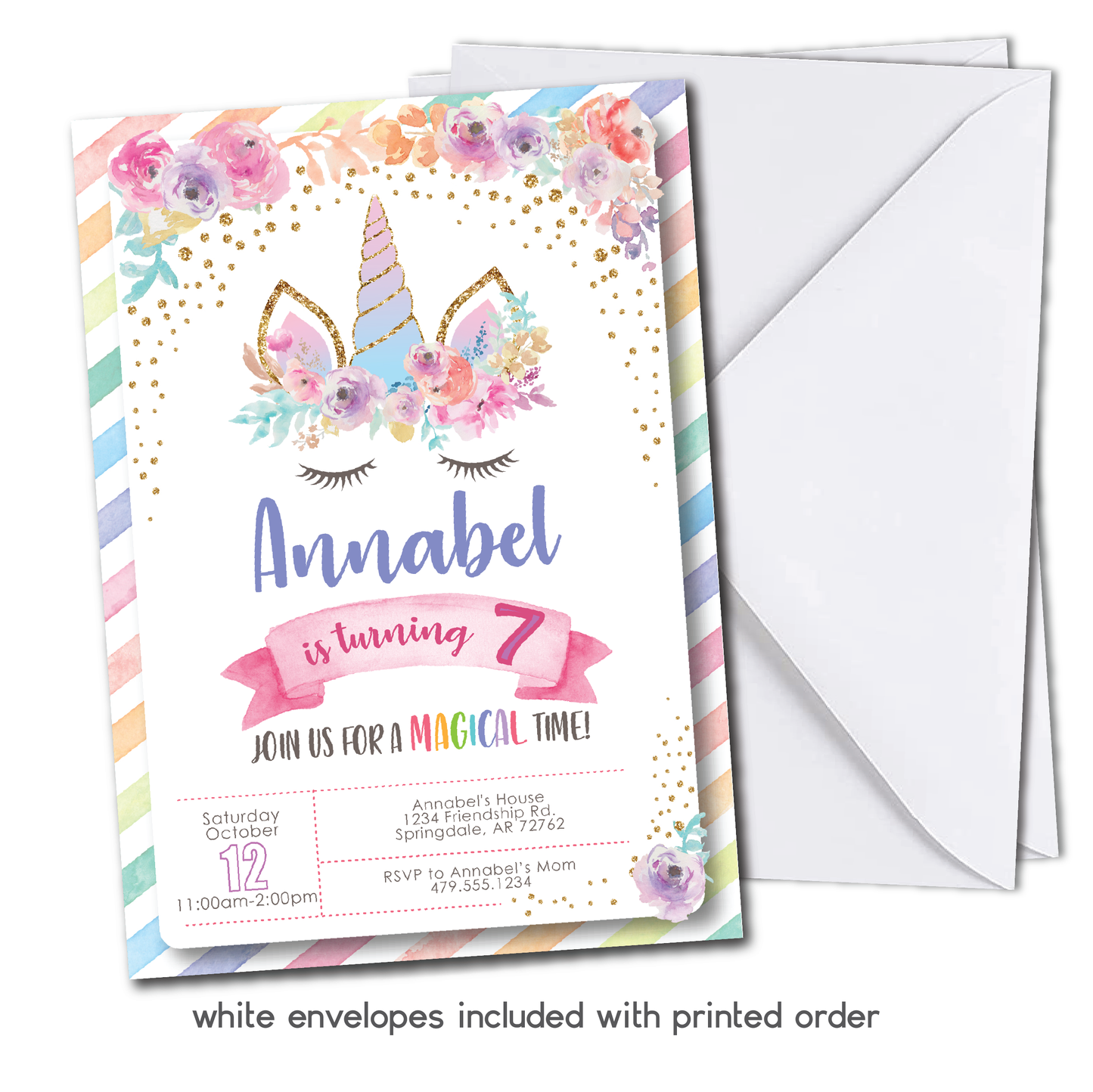 Kids Unicorn Birthday Invitation - Girls Unicorn Themed Party Invite