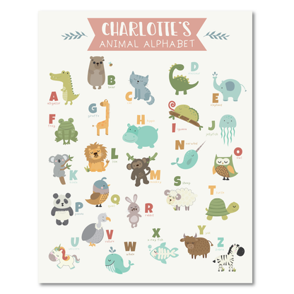 Personalized Animal Alphabet Wall Art Print - Kids Room & Nursery Zoo Animal Wall Art