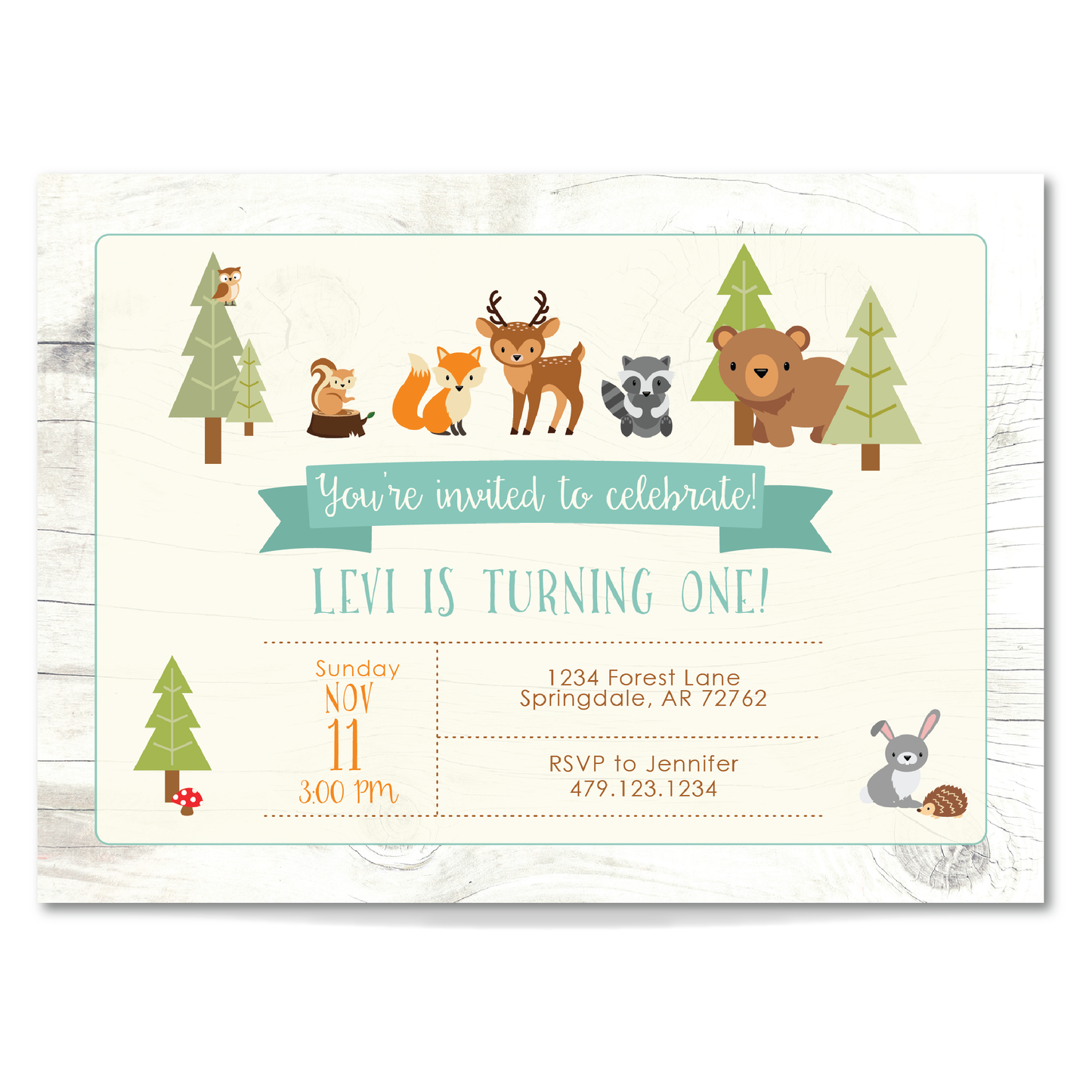 Woodland Birthday Invitation for Little Kids & Newborns - Woodland Animals Party Invite - Teal