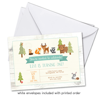 Woodland Birthday Invitation for Little Kids & Newborns - Woodland Animals Party Invite - Teal
